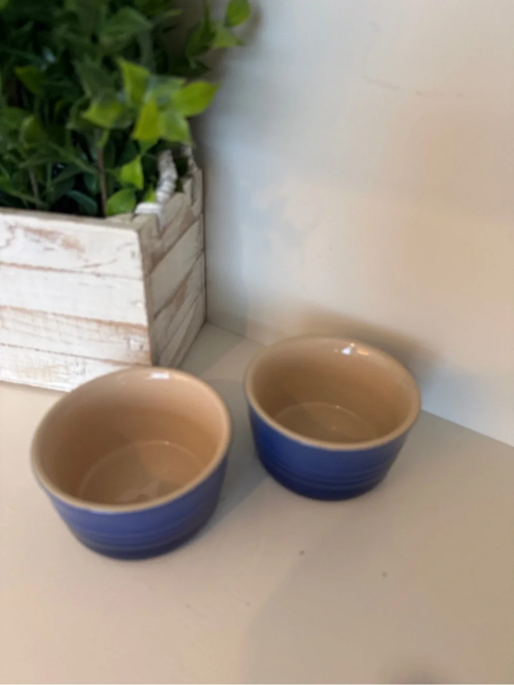 Le Creuset Blue Stoneware Ramekins Set of 2 4” Mini Bowls